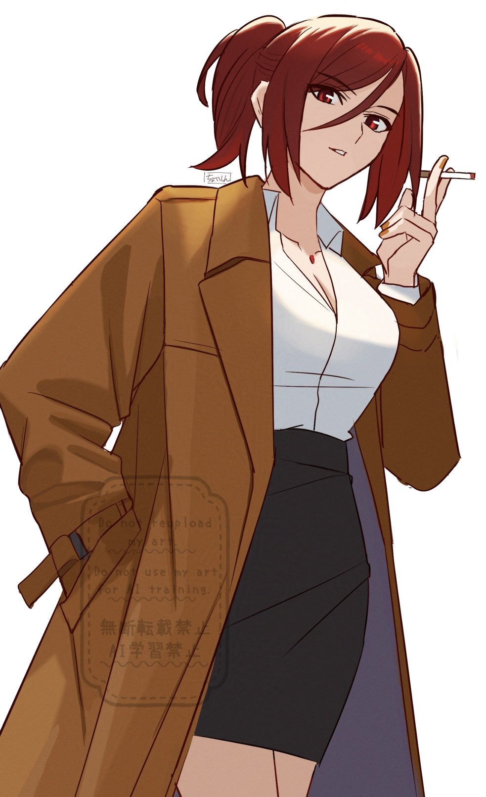 aozaki_touko black_dress breasts cigarette coat dress hand_in_pocket highres jewelry kara_no_kyoukai large_breasts long_sleeves looking_at_viewer necklace office_lady red_eyes red_hair shintyoi2 shirt simple_background smoke smoking trench_coat white_shirt
