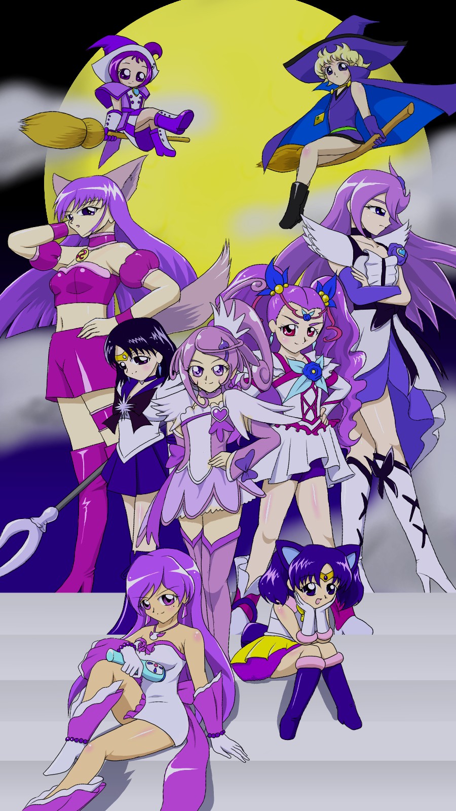 bishoujo_senshi_sailor_moon boots brooch crossover fujiwara_zakuro full_moon hand_on_own_hip high_heel_boots high_heels high_ponytail highres jewelry mew_zakuro moon ponytail pretty_guardian_sailor_moon star_brooch tagme tokyo_mew_mew