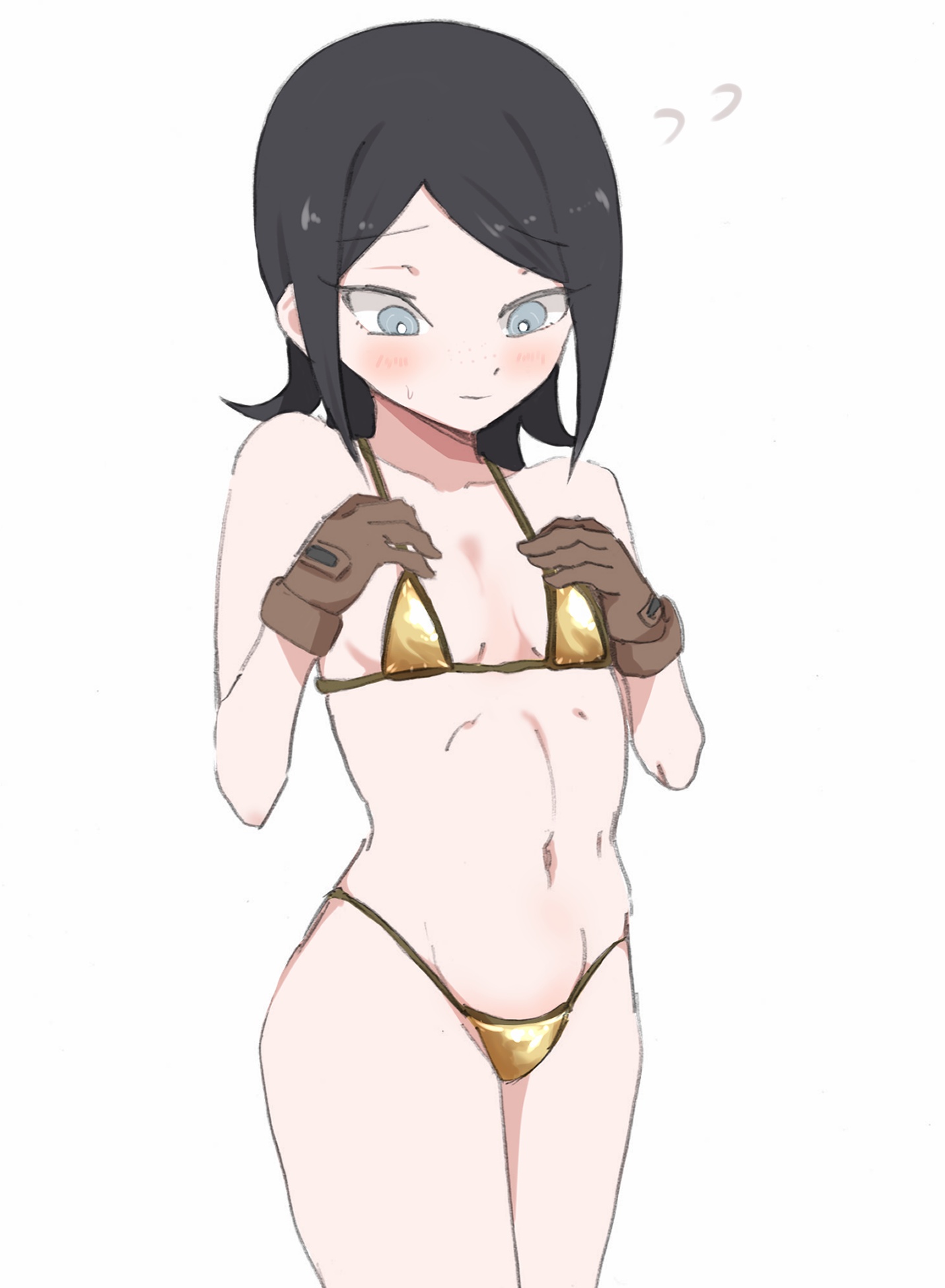 1girl artist_name bikini black_hair blue_eyes blush breasts brown_gloves closed_mouth danganronpa:_trigger_happy_havoc danganronpa_(series) female_focus gloves gold_bikini ikusaba_mukuro navel parted_bangs simple_background small_breasts solo standing white_background