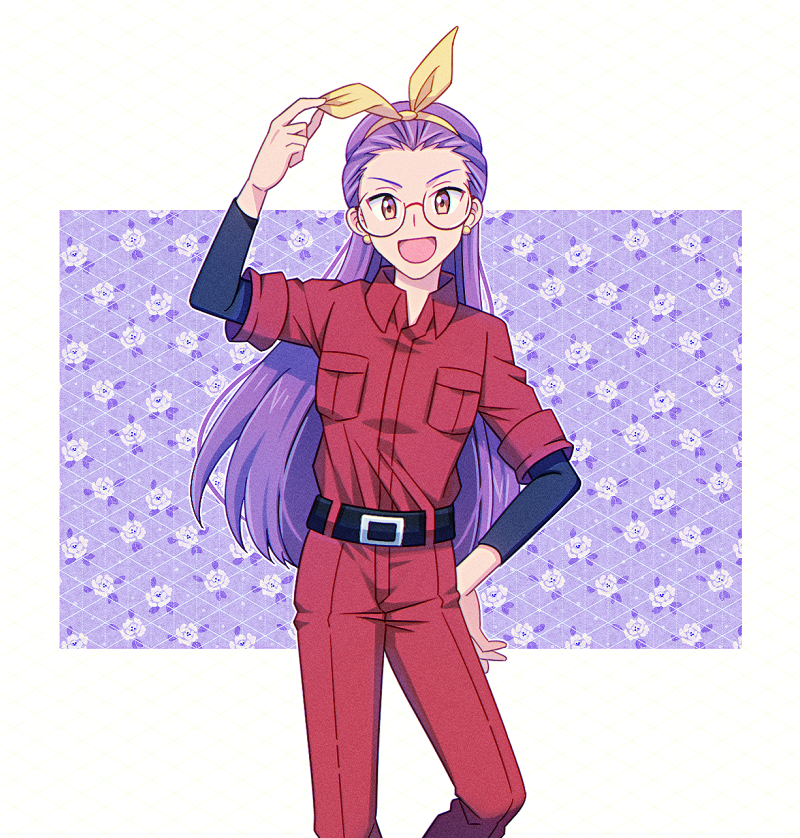 1girl cowboy_shot digimon digimon_adventure_-beyond- glasses hair_ribbon inoue_miyako momofukki pants purple_background red_pants red_shirt ribbon round_eyewear shirt simple_background solo white_background yellow_ribbon