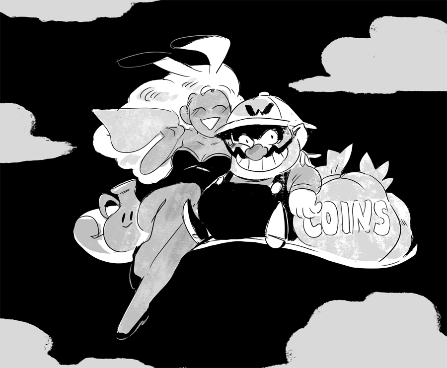 1boy 1girl arm_around_shoulder bare_arms bare_legs big_nose bottle breasts buttons cleavage cloud collarbone elbow_rest closed_eyes facial_hair fat fat_man gigi_d.g. greyscale grin hand_on_another&#039;s_shoulder hand_up height_difference helmet knee_up leotard long_hair long_sleeves looking_at_viewer magic_carpet mario_(series) medium_breasts monochrome mustache nintendo overalls pith_helmet playboy_bunny pointy_footwear sack shirt sitting sketch smile virtual_boy_wario_land wario wario_land
