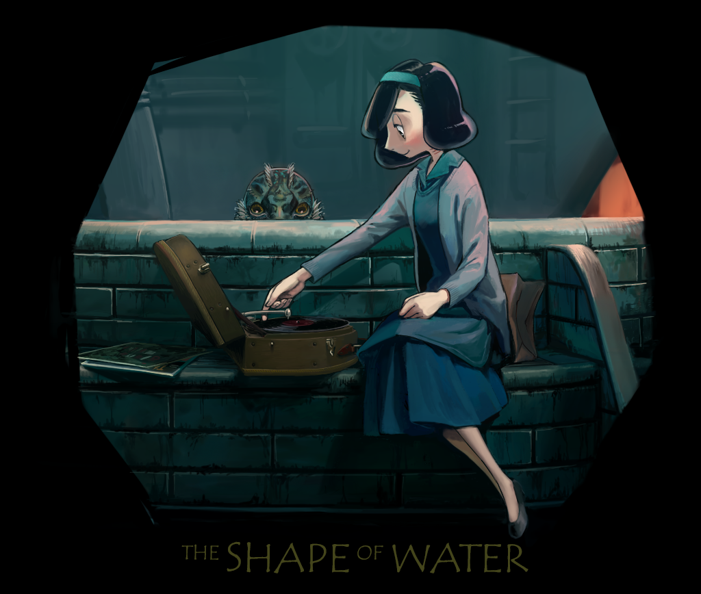 1boy 1girl bag black_border black_hair border chabi_(amedama) copyright_name dress elisa_esposito hairband jacket ladder monster_boy paper_bag peeking phonograph record short_hair sitting smile the_shape_of_water