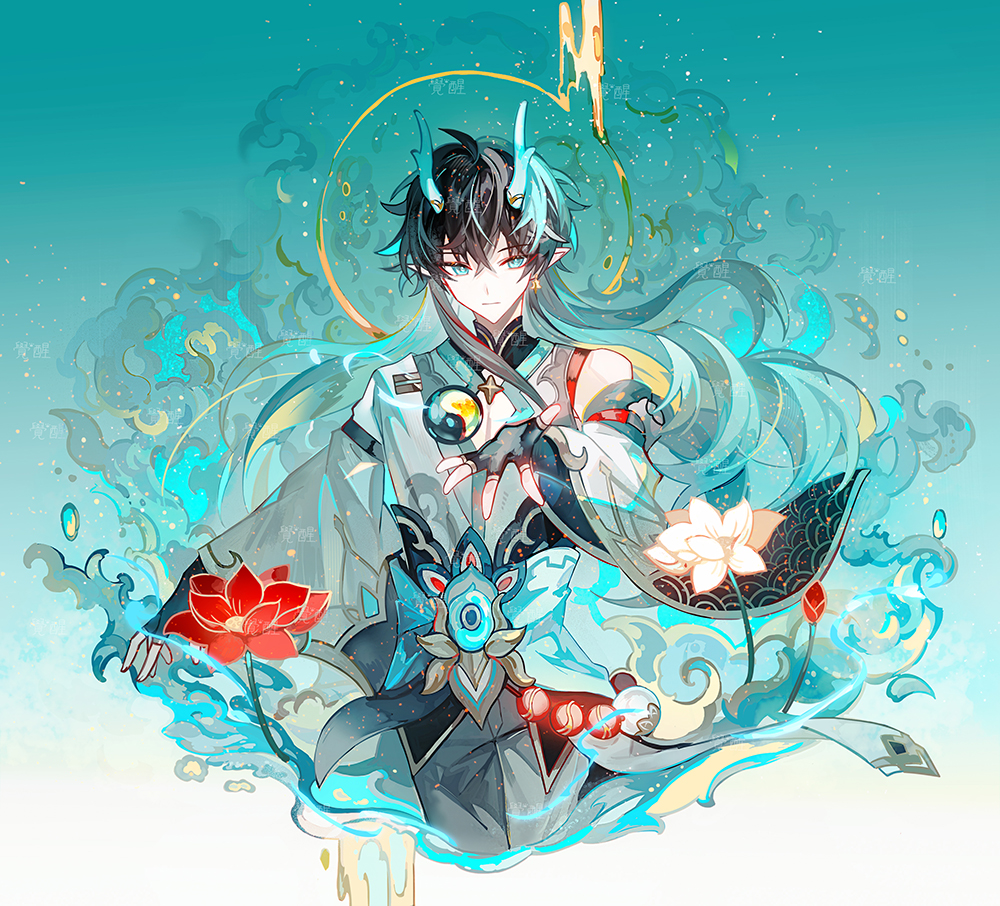 1boy aqua_eyes aqua_hair aqua_sash black_gloves black_hair bud chinese_clothes cleavage_cutout closed_mouth clothing_cutout cropped_legs dan_heng_(honkai:_star_rail) dan_heng_(imbibitor_lunae)_(honkai:_star_rail) detached_sleeves dragon_boy dragon_horns earrings fingerless_gloves flower gloves grey_pants grey_shirt hand_up honkai:_star_rail honkai_(series) horns jewelry juexing_(moemoe3345) long_hair long_sleeves looking_at_hand looking_down male_focus multicolored_hair orb outstretched_arm outstretched_hand pants pointy_ears red_flower sash shirt single_bare_shoulder single_detached_sleeve single_earring solo two-tone_hair white_flower wide_sleeves