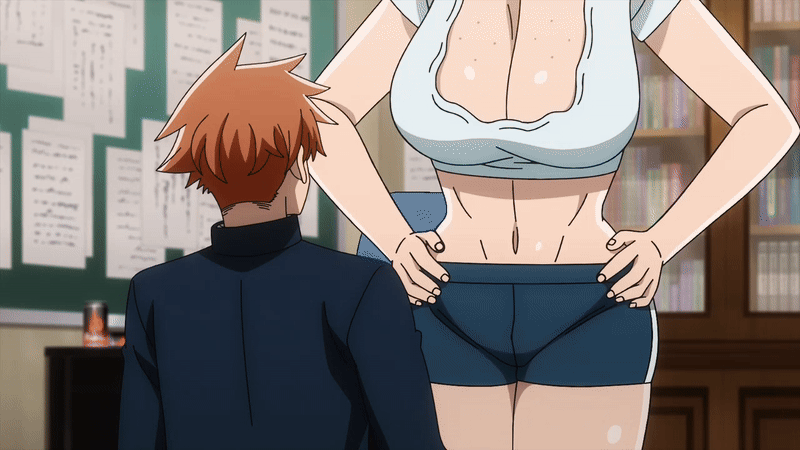 1boy 1girl 2025 20s age_difference aki_mary animated animated_gif bent_over black_hair bouncing_breasts breasts cleavage curvy doctor door female_focus freckles freckles_on_breasts glasses gym_shorts hands_on_own_hips hanging_breasts huge_breasts ichinose_shiki_(tougen_anki) leaning_forward lips medium_hair no_bra older_female_and_younger_male orange_hair sagging_breasts school_uniform shorts tagme tall_female thick_eyebrows thick_lips thick_thighs thighs tougen_anki yellow_eyes