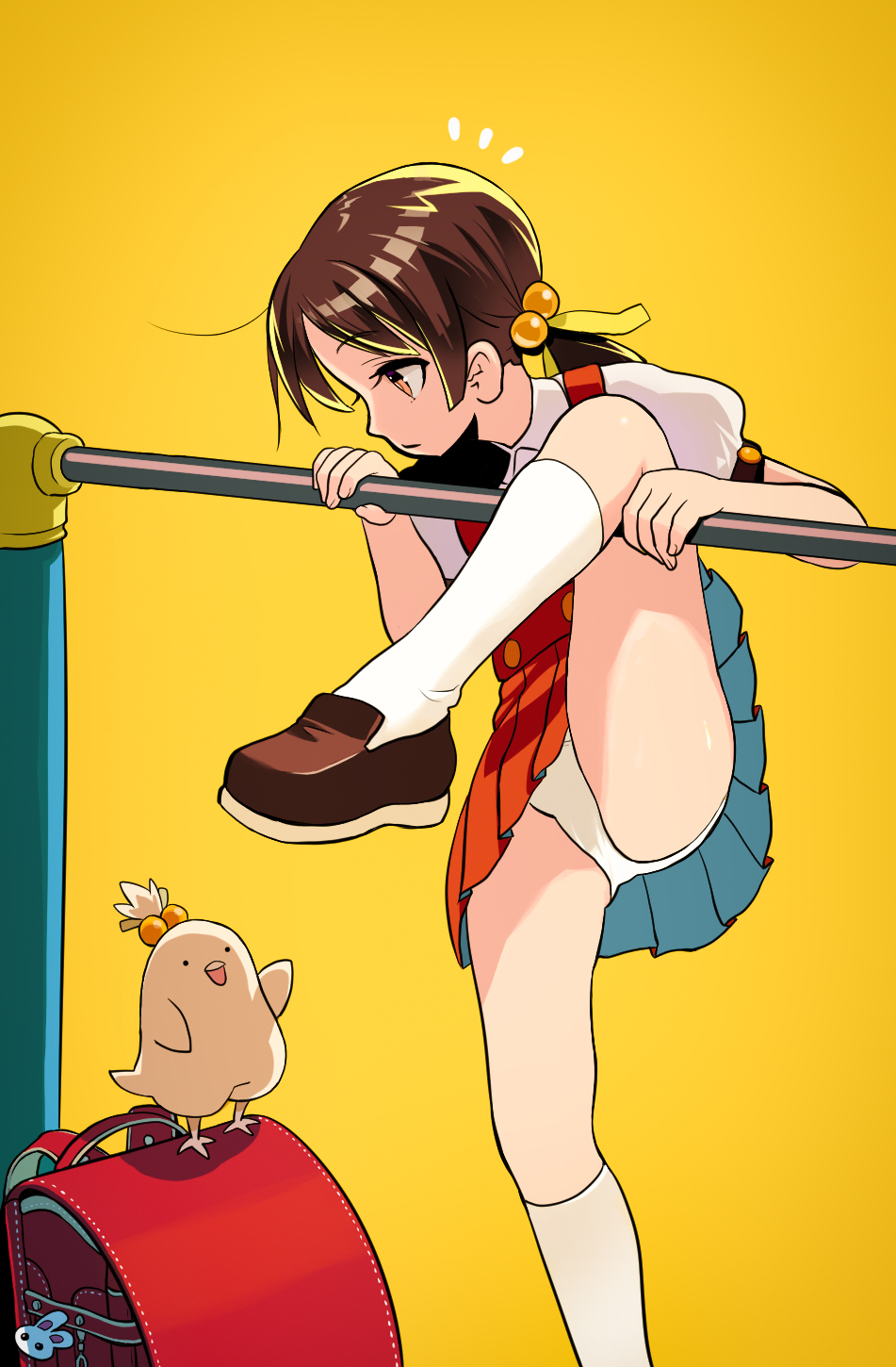 1girl akai_kuro animal backpack bag bird brown_hair brown_shoes charm_(object) hair_bobbles hair_ornament hair_ribbon highres horizontal_bar kaai_yuki kneehighs kyoufuu_all_back_(vocaloid) leg_up long_hair looking_down low_twintails panties randoseru red_skirt ribbon school_uniform shirt shoes short_sleeves skirt socks standing standing_on_one_leg suspender_skirt suspenders twintails underwear unworn_backpack unworn_bag vocaloid white_panties white_shirt white_socks yellow_background yellow_eyes yellow_ribbon