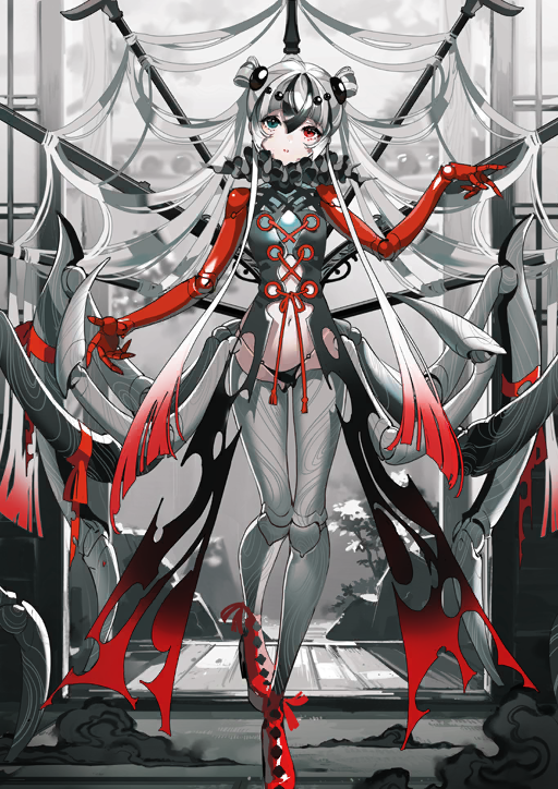 1girl android arthropod_girl arthropod_limbs bare_shoulders black_panties blunt_ends breasts closed_mouth coat colored_extremities colored_skin cross-laced_clothes doll_joints double_bun expressionless extra_legs fate/grand_order fate_(series) full_body game_cg gradient_hair green_eyes grey_background grey_coat grey_hair grey_skin hair_between_eyes hair_bun hair_ornament hand_up head_tilt heterochromia insect_girl joints kashin_koji_(fate) kashin_koji_(third_ascension)_(fate) leg_up long_coat long_hair long_sidelocks multicolored_hair multicolored_skin navel neck_ruff official_art outstretched_arms panties platform_shoes red_eyes red_hair red_shoes red_skin revealing_clothes shoes sidelocks small_breasts solo spider_girl third-party_source underwear variant_set very_long_hair very_long_sidelocks white_hair yoneyama_mai