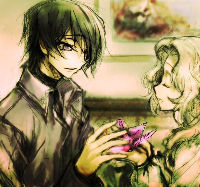 black_hair brother_and_sister brown_hair c_(rahit) code_geass closed_eyes holding jacket lelouch_vi_britannia long_hair nunnally_vi_britannia open_mouth origami paper_crane purple_eyes rahit short_hair siblings smile