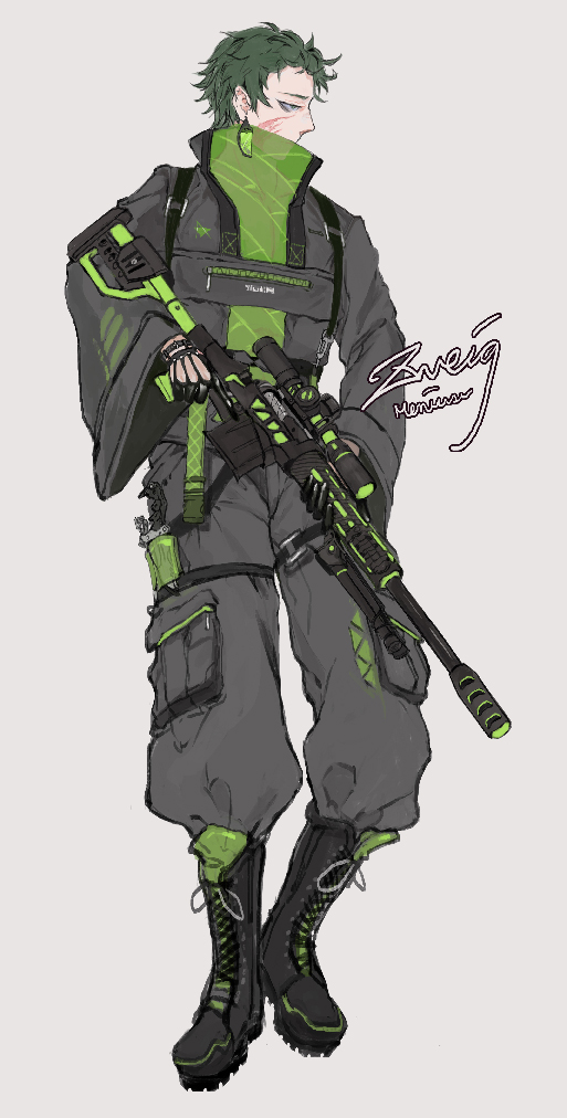 1boy alternate_costume black_boots black_jacket black_pants boots character_name dreyfus_zweig earrings facial_scar full_body green_eyes green_hair grey_background gun high_collar holding holding_gun holding_weapon jacket jewelry long_sleeves male_focus meniusa_lau pants rifle saibou_shinkyoku sanpaku scar scar_on_cheek scar_on_face short_hair simple_background sniper_rifle solo weapon wide_sleeves
