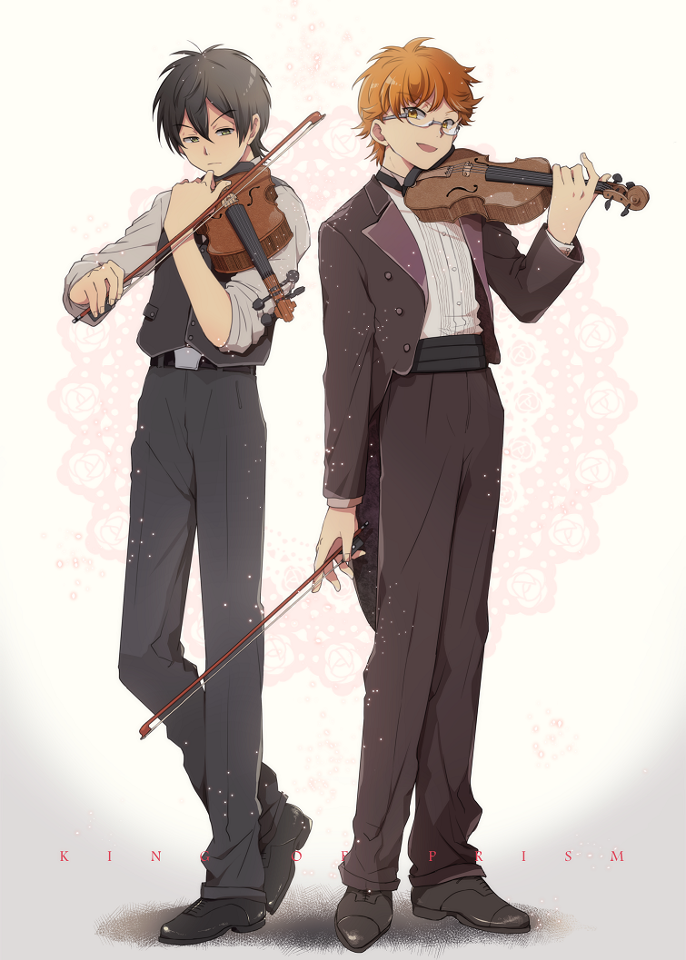 2boys :d :| arm_at_side belt black_belt black_bow black_bowtie black_footwear black_hair black_pants black_vest bow bow_(music) bowtie brown_jacket brown_pants brown_suit closed_mouth collared_shirt copyright_name cummerbund doily dress_pants formal_clothes full_body glasses green_eyes hair_between_eyes hand_up holding holding_bow_(music) holding_instrument holding_violin instrument jacket juuouin_kakeru king_of_prism kougami_taiga lapels light_particles long_sleeves looking_at_object looking_at_viewer male_focus multiple_boys music notched_lapels open_clothes open_jacket open_mouth orange_eyes orange_hair oxfords pants playing_instrument pretty_rhythm pretty_series shirt shirt_tucked_in shoes short_hair sleeves_rolled_up smile sooya standing suit tailcoat tuxedo_shirt v-shaped_eyebrows vest violin white_background white_shirt wispy_bangs you&#039;re_doing_it_wrong
