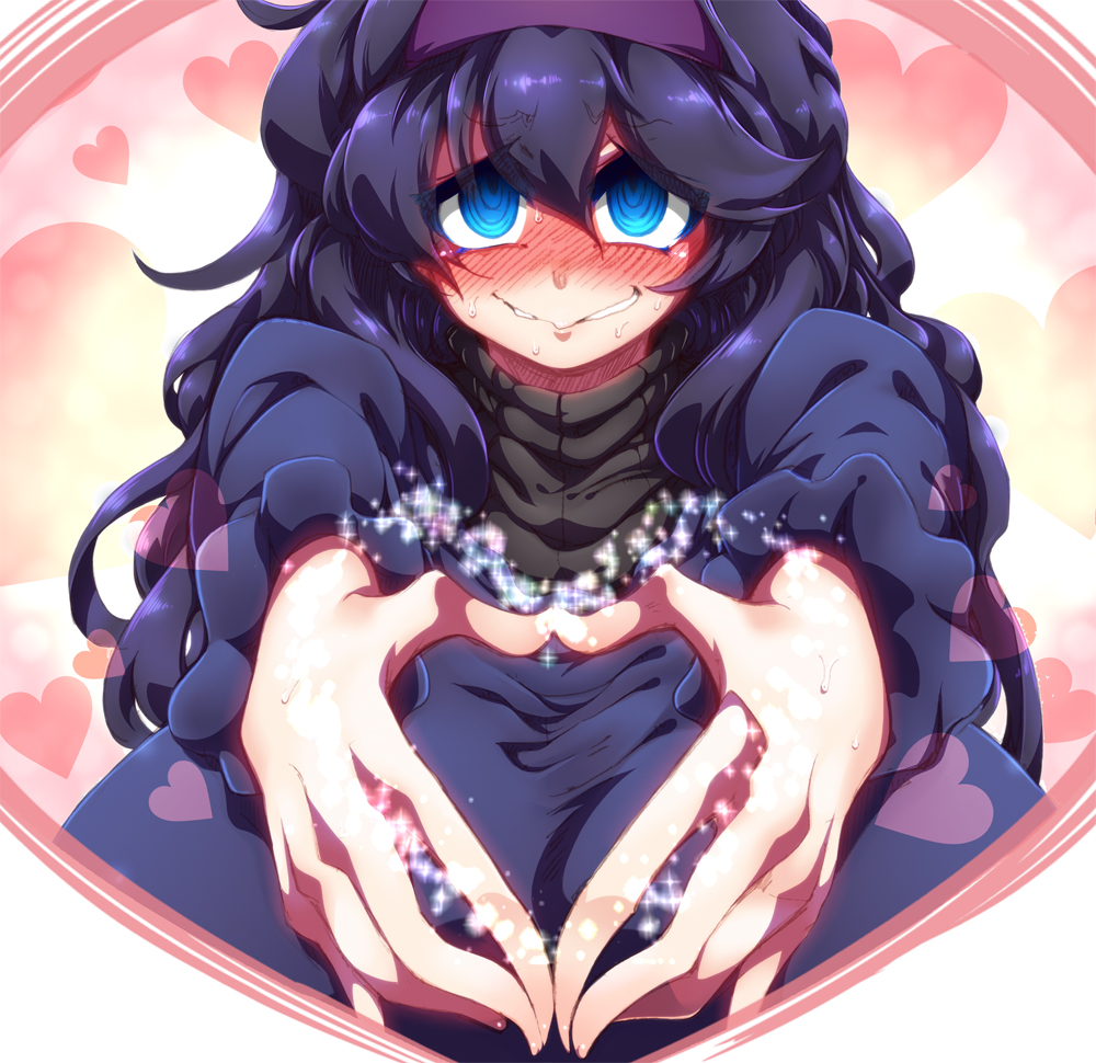 1girl @_@ alternate_breast_size blue_hair breasts curly_hair female_focus grin heart hex_maniac_(pokemon) large_breasts long_hair looking_at_viewer nintendo npc_trainer pokemon pokemon_sm pokemon_xy smile solo tokyo_(great_akuta) wavy_mouth
