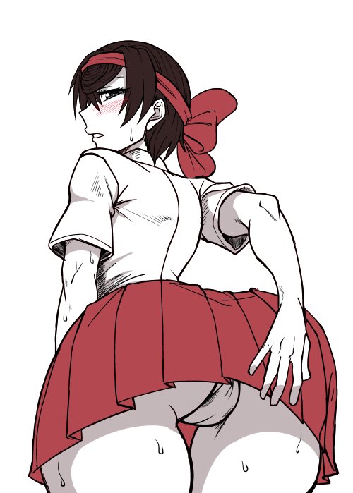1girl blush bow brown_hair from_behind girls_und_panzer girls_und_panzer_ribbon_no_musha hair_bow looking_back mimuni362 panties panty_peek ribbon shirt skirt solo sweat tsuruki_shizuka underwear white_background