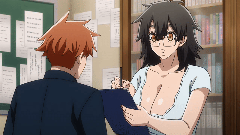 1girl 2025 20s age_difference aki_mary animated animated_gif black_hair blush breasts caught_staring cleavage curvy doctor door female_focus freckles freckles_on_breasts glasses huge_breasts ichinose_shiki_(tougen_anki) lips looking_at_breasts medium_hair no_bra notepad older_female_and_younger_male orange_hair sagging_breasts school_uniform tagme tall_female thick_eyebrows thick_lips thick_thighs thighs tougen_anki yellow_eyes