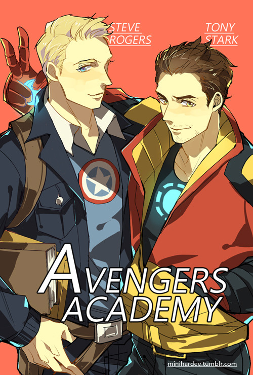 2boys animification arc_reactor armor avengers_(series) avengers_academy belt black_belt black_jacket black_pants black_shirt blonde_hair blue_eyes blue_shirt blush book brown_belt brown_hair buttons character_name closed_mouth collarbone collared_jacket collared_shirt copyright_name hand_in_pocket jacket long_sleeves looking_at_viewer male_focus marvel minihardee multicolored_jacket multiple_boys open_clothes open_jacket pants pocket power_armor red_armor red_background red_jacket shirt short_hair simple_background smile star_(symbol) star_print steve_rogers t-shirt tony_stark v yellow_eyes yellow_jacket