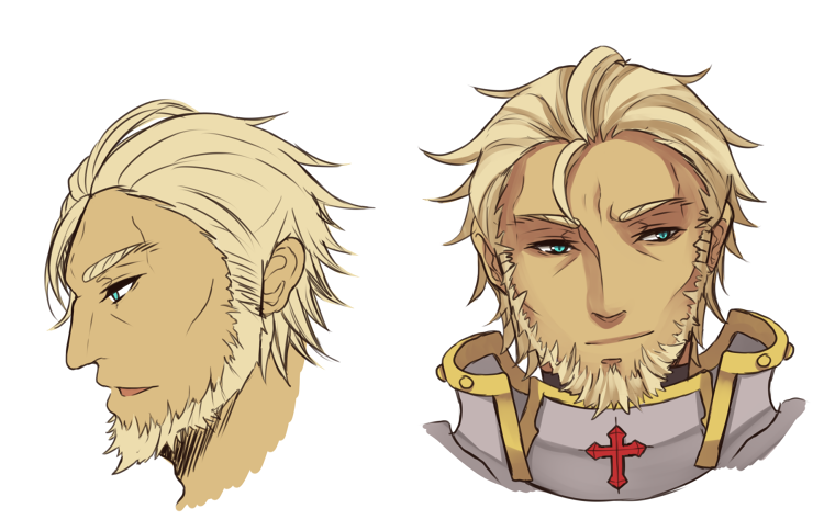 1boy armor beard blonde_hair blue_eyes breastplate closed_mouth commentary cross english_commentary facial_hair male_focus mature_male multiple_views paladin_(ragnarok_online) ragnarok_online rinslette short_hair simple_background smile white_background