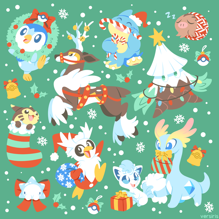 :d alolan_form alolan_vulpix amaura bell bird black_eyes blue_eyes candy candy_cane christmas christmas_lights closed_eyes creature delibird dinosaur eye_contact facing_viewer fangs food full_body furret gen_2_pokemon gen_4_pokemon gen_5_pokemon gen_6_pokemon gen_7_pokemon gen_8_pokemon gift green_background happy hat holding holding_candy holding_candy_cane holding_food looking_at_another munchlax nintendo no_humans open_mouth piplup poke_ball poke_ball_(basic) pokemon pokemon_(creature) reindeer santa_hat sawsbuck sawsbuck_(winter) simple_background sleeping smile snom snover snowflakes socks standing standing_on_one_leg swinub versiris zzz