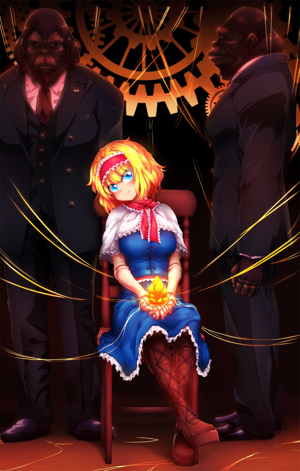 1girl alice_margatroid black_pants black_suit black_vest blonde_hair blue_dress blue_eyes boots breasts brown_boots capelet coat collared_shirt commentary_request doll_joints dress female_focus formal_clothes frilled_ribbon frills gears glowing gold gorilla hairband head_tilt highres jewelry joints knee_boots long_sleeves looking_at_viewer medium_breasts pants pendant personification red_neckwear ribbon shirt sitting smile solo suit thread tokyo_(great_akuta) touhou vest white_shirt