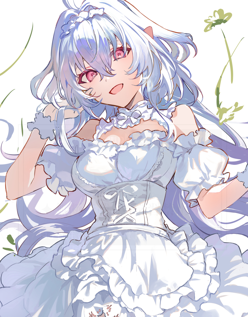 1girl bare_shoulders breasts cleavage_cutout clothing_cutout corset dirndl dress fate/grand_order fate_(series) frilled_hairband frills german_clothes hairband highres lady_avalon_(event_portrait)_(fate) lady_avalon_(fate) long_hair looking_at_viewer medium_breasts merlin_(fate/prototype) open_mouth pink_eyes pointy_ears poppoman smile solo white_dress white_hair