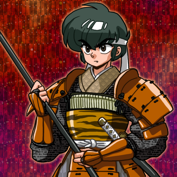 1boy armor bandana brown_hair hair_between_eyes hibiki_ryouga japanese_armor ranma_1/2 samurai serious solo sword wanta_(futoshi) weapon white_bandana