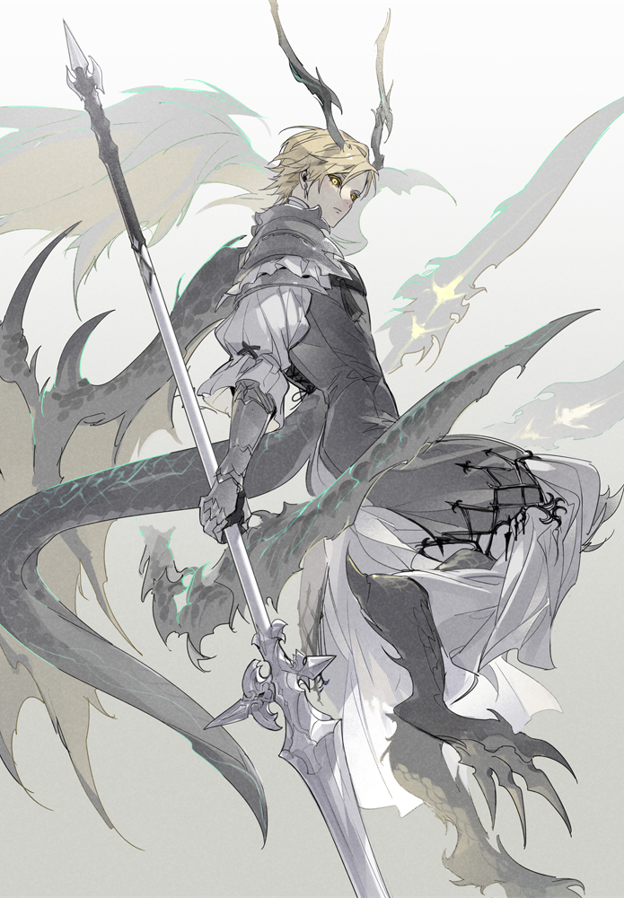 1boy alternate_form armor armored_gloves black_sclera blonde_hair chainmail clawed_feet closed_mouth colored_sclera commentary_request dion_lesage dragon_horns dragon_tail dragon_wings final_fantasy final_fantasy_xvi frilled_shirt frills grills horns izumi_(nagashi) knee_up looking_to_the_side male_focus pants parted_bangs pauldrons puffy_sleeves scales shirt shoulder_armor solo tail white_background white_pants white_shirt wings yellow_eyes