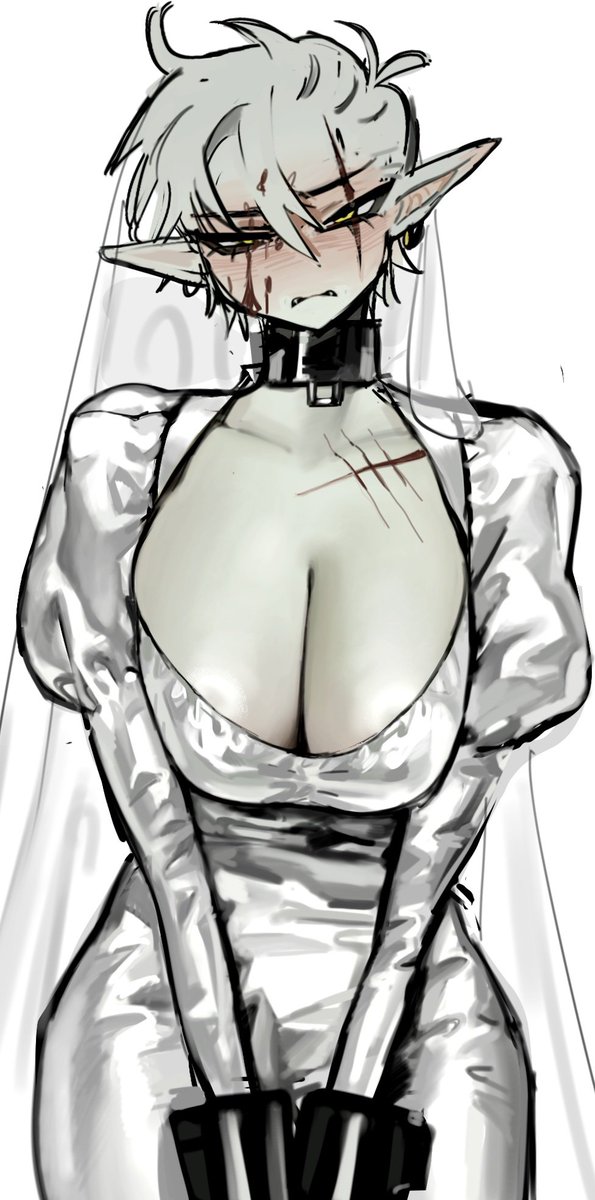 1girl belt_collar blush breasts bridal_veil buckle cleavage closed_mouth collar collarbone dress ear_blush earrings eeeeee03714610 elf embarrassed fang full-face_blush greyscale highres jewelry large_breasts leash looking_at_viewer monochrome monster_girl nose_blush original pointy_ears puffy_sleeves scar short_hair slave solo sweatdrop v_arms veil wedding_dress yellow_eyes