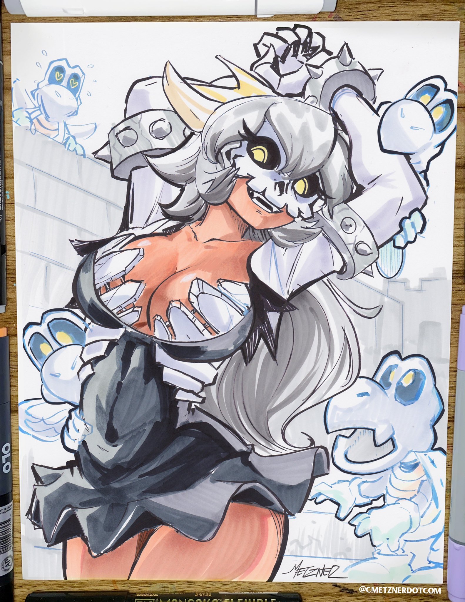 1girl arms_up art_tools_in_frame bone breasts castle chris_metzner cleavage collar crown dark-skinned_female dark_skin dress dry_bones genderswap genderswap_(mtf) grey_hair highres large_breasts long_hair looking_at_viewer mario_(series) marker_(medium) mask nintendo parabones personification photo_(medium) sharp_teeth spiked_collar spikes teeth traditional_media white_hair yellow_eyes
