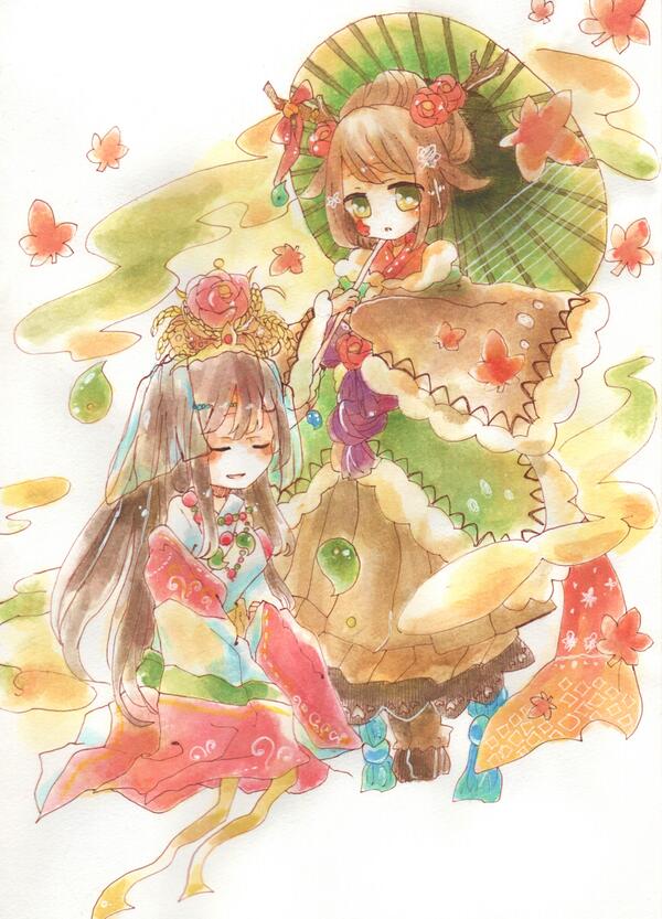 2girls :o animal_ears antlers blush brown_hair circlet coat deer_ears closed_eyes facial_mark flower fur_trim green_eyes hair_flower hair_ornament hair_up headdress holding holding_umbrella hooves horn_ornament horn_ribbon horns japanese_clothes jewelry kano_(p&amp;d) kimono kushinada_(p&amp;d) leaf long_hair long_sleeves lots_of_jewelry magatama maple_leaf mian multiple_girls necklace no_nose oil-paper_umbrella open_mouth painting_(medium) puzzle_&amp;_dragons red_ribbon ribbon sitting sleeves_past_wrists smile traditional_media umbrella watercolor_(medium) wheat
