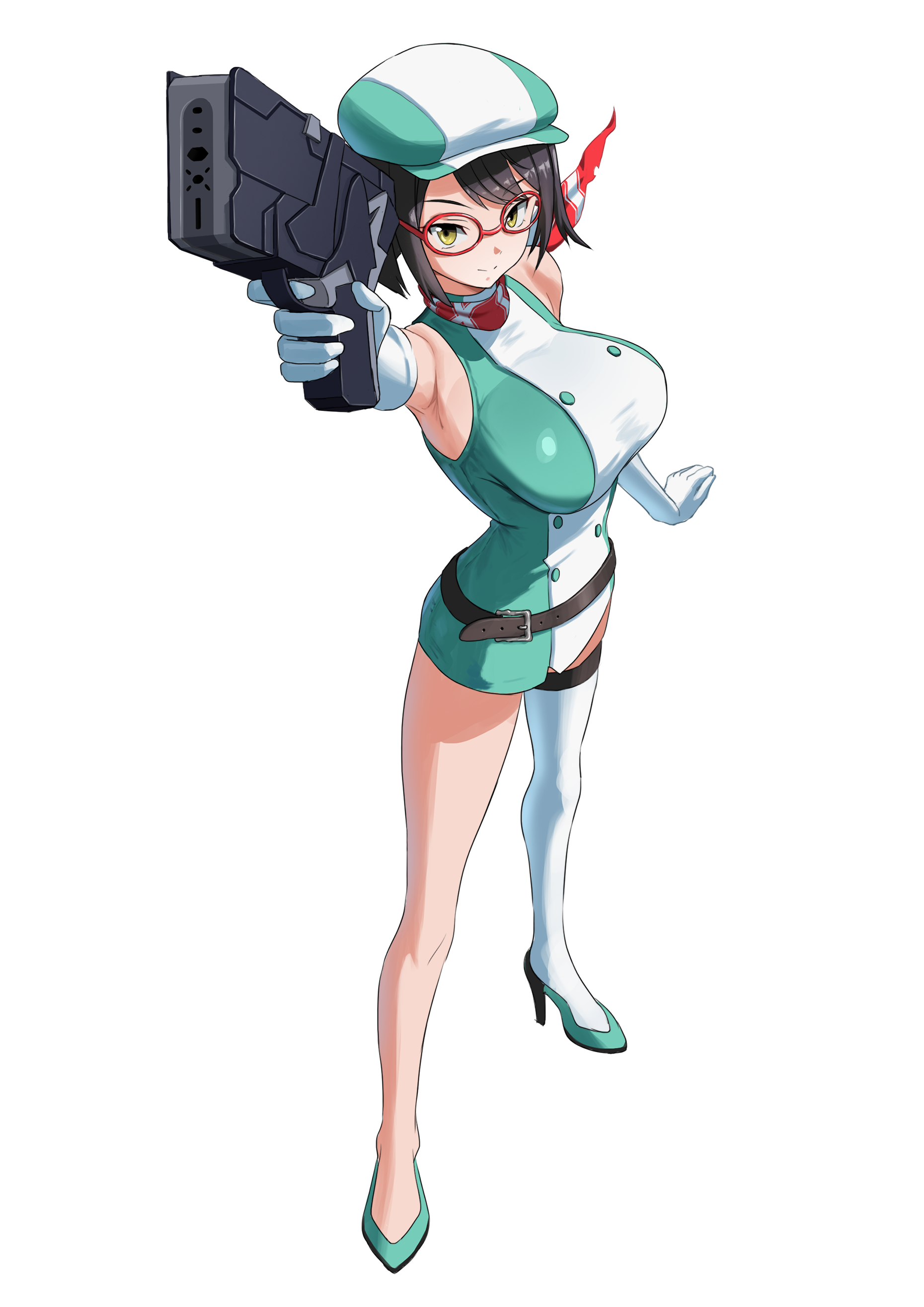 1girl absurdres bare_shoulders black_hair breasts commission digimon digimon_story:_time_stranger dress enun finger_on_trigger full_body glasses gloves green_dress green_hat green_shoes gun hat high_heels highres holding holding_gun holding_weapon large_breasts red_scarf scarf shoes short_hair single_thighhigh skeb_commission solo strapless strapless_dress thighhighs two-tone_dress two-tone_hat weapon white_dress white_gloves white_hat white_thighhighs yellow_eyes yuuki_kanan