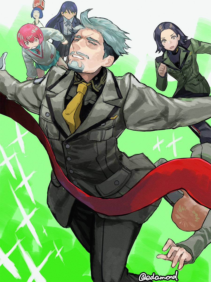 3boys 3girls amate_yuzuriha blue_hair challia_bull closed_eyes commentary_request comoli_harcourt edo_mond_(edoedoedomond) facial_hair goatee gundam gundam_gquuuuuux highres long_hair military_uniform multiple_boys multiple_girls mustache necktie nyaan_(gundam_gquuuuuux) red_hair short_hair shuji_ito skirt twitter_username undercut xavier_olivette yellow_necktie