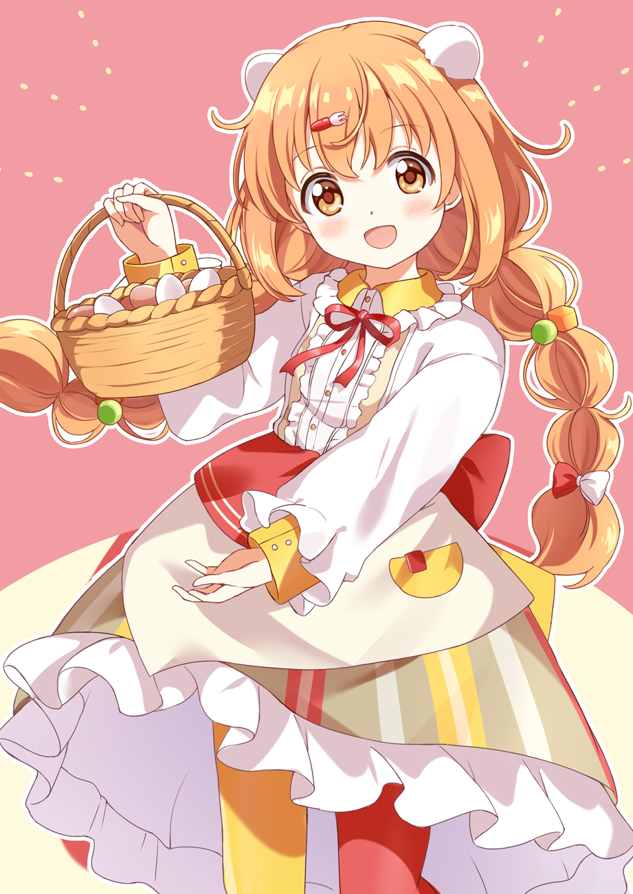1girl :d apron basket blush bow braid brown_apron brown_skirt buttons center_frills collared_shirt commentary_request cube_hair_ornament egg egg_hair_ornament floating_hair food-themed_hair_ornament fork_hair_ornament frilled_shirt_collar frilled_skirt frilled_sleeves frills hair_between_eyes hair_bobbles hair_bow hair_ornament hand_up highres holding holding_basket kirara_tamako kirara_tamako_(1st_costume) long_hair long_sleeves looking_at_viewer neck_ribbon nijisanji open_mouth orange_eyes orange_hair outline pantyhose red_background red_bow red_pantyhose red_ribbon ribbon rikopin shirt skirt smile solo standing striped_clothes striped_skirt twin_braids two-tone_background two-tone_pantyhose virtual_youtuber white_bow white_outline white_shirt yellow_background yellow_pantyhose