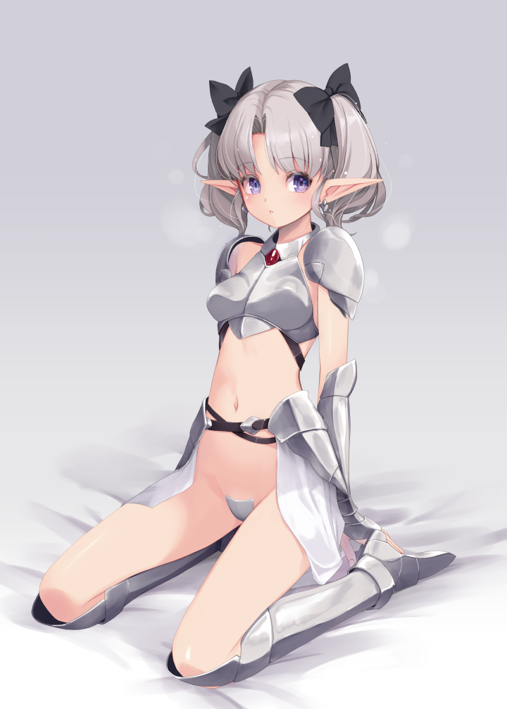 :o armor bikini_armor black_ribbon breastplate commentary_request crotch_plate earrings elf faulds gem greaves grey_hair jewelry kirishima_satoshi navel on_bed original pauldrons pointy_ears purple_eyes red_gemstone ribbon sabaton shoulder_armor silver_earrings sitting twintails vambraces wariza