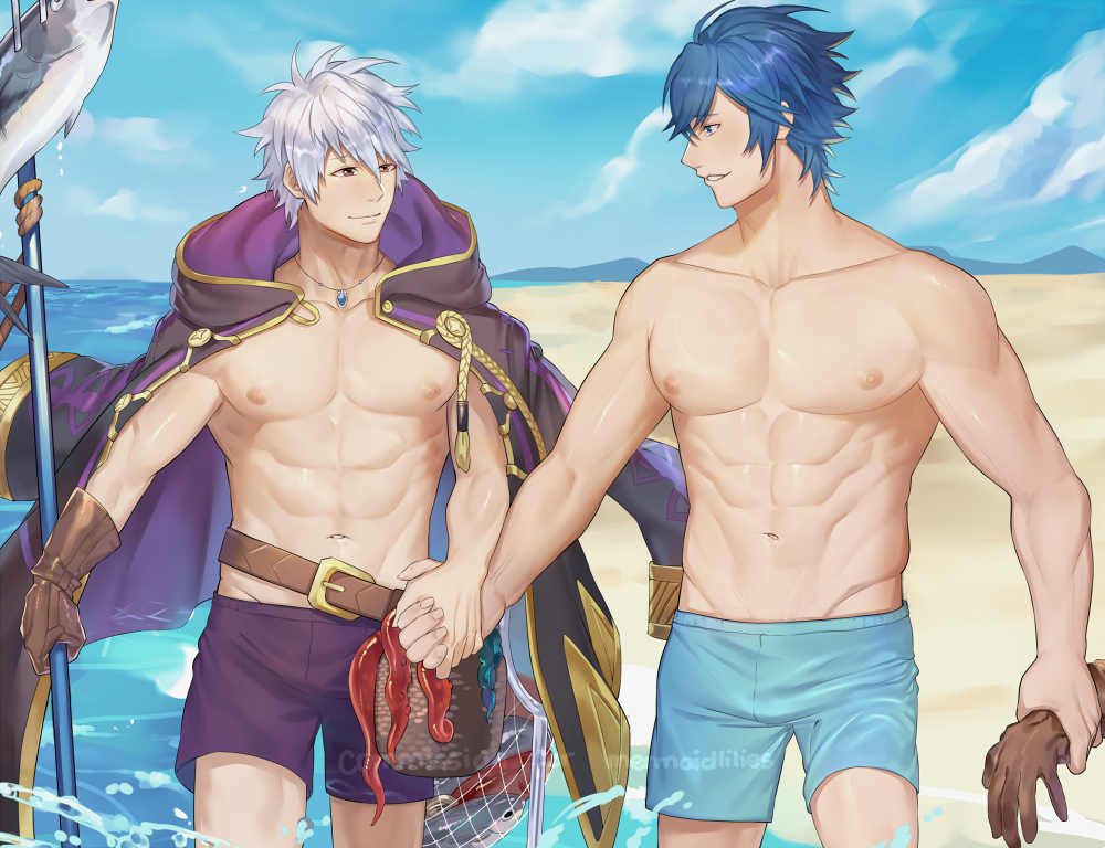 2boys abs beach blue_eyes blue_hair blue_male_swimwear brown_gloves brown_jacket cape commission fish gloves grey_hair jacket male_focus male_robin_(fire_emblem) male_swimwear multiple_boys muscular muscular_male navel nipples ocean original polearm purple_cape purple_male_swimwear short_hair smile stomach tentacles topless_male weapon yaoi zhineart