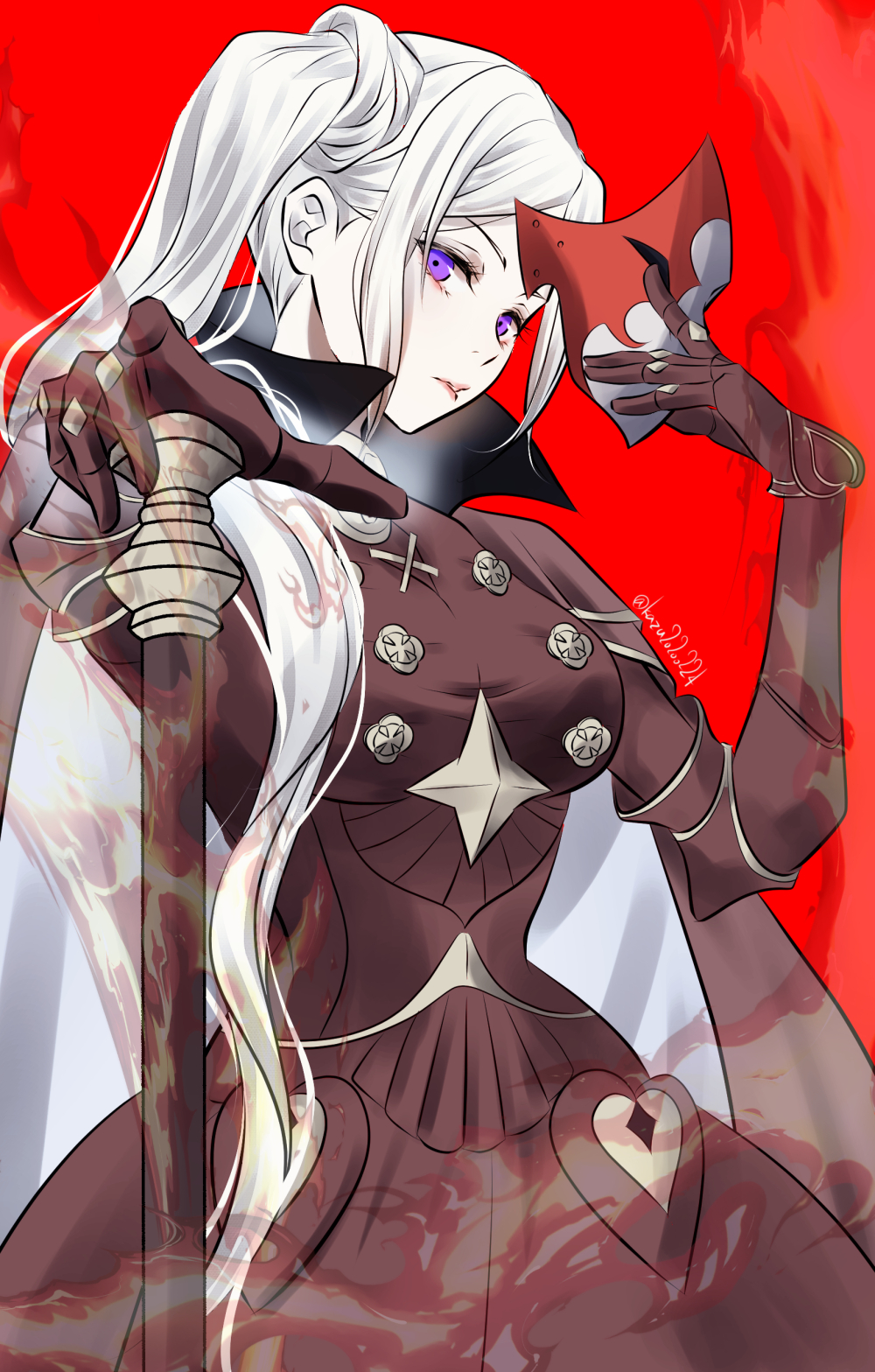1girl axe breasts buttons commentary_request dress edelgard_von_hresvelg fire_emblem fire_emblem:_three_houses gauntlets gloves highres holding holding_mask holding_weapon kazu20200224 lips long_hair looking_at_viewer mask medium_breasts nintendo parted_lips pink_lips purple_eyes red_background side_ponytail simple_background solo twitter_username unworn_mask weapon white_hair