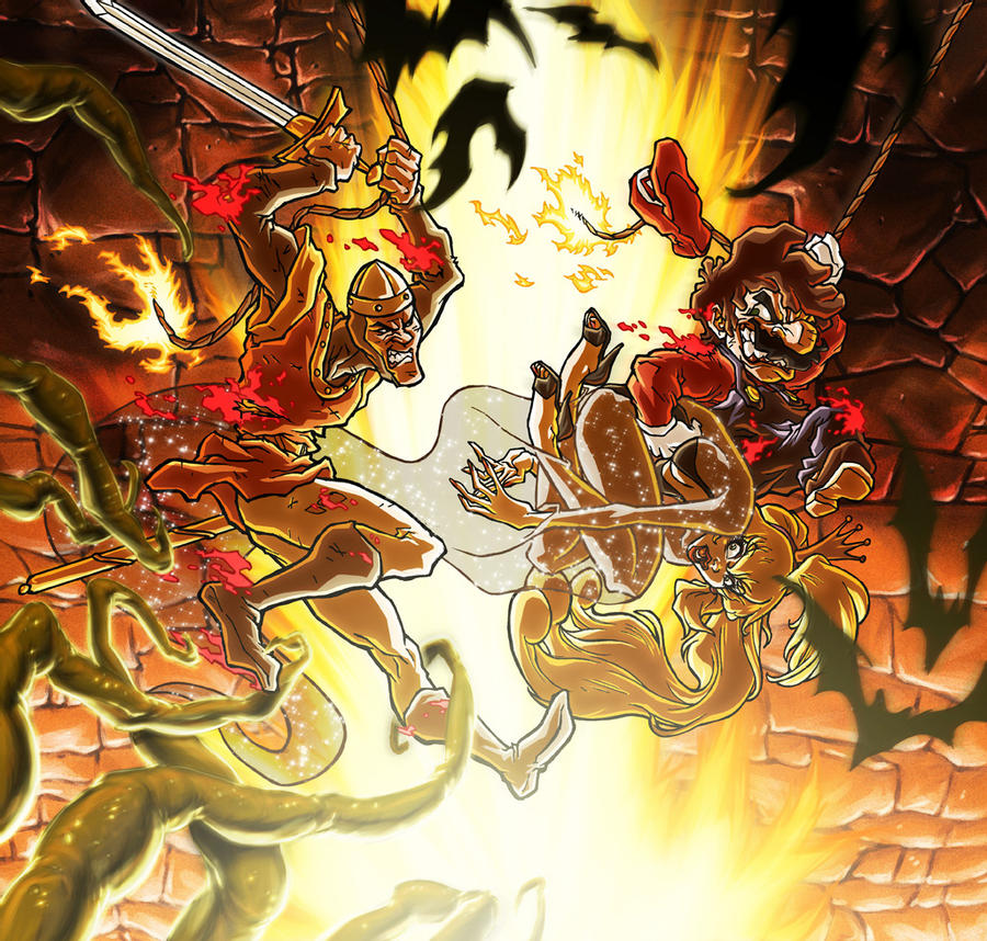 1girl 2boys angry bat_(animal) bats blonde_hair blue_eyes breasts brown_hair clash cleavage crossover crown dirk_the_daring dragon&#039;s_lair evil_grin evil_smile facial_hair fire full_body gloves grin hat high_heels holding knight legs leotard long_hair mario mario_(series) multiple_boys mustache nintendo plant plumber princess princess_daphne smile super_mario_bros._1 sword vines wall weapon