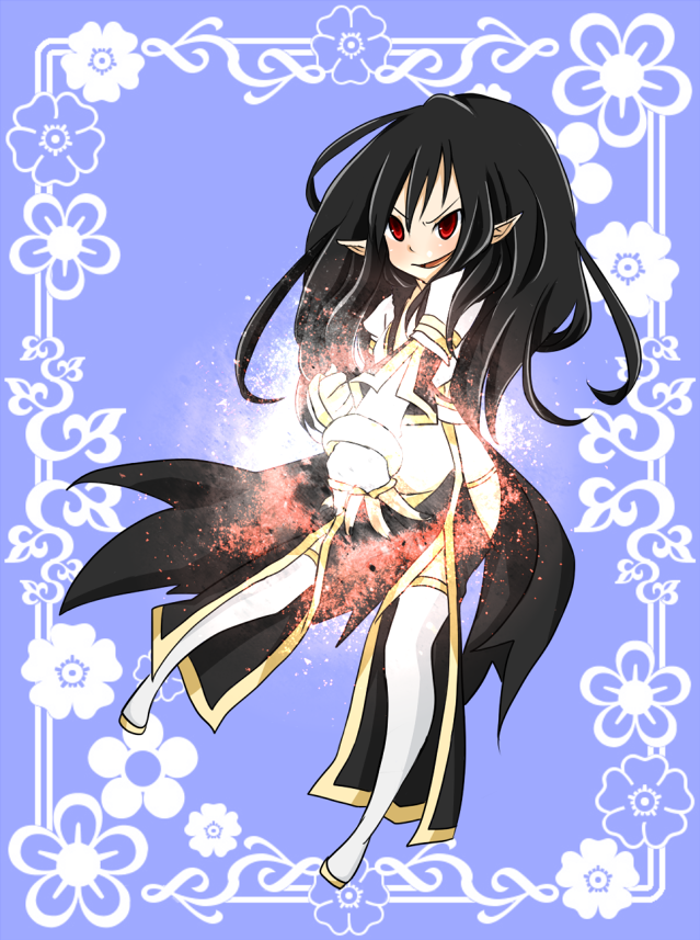 1girl black_hair black_pants blue_background blush commentary_request crop_top fingerless_gloves floral_background front_slit full_body gloves glowing long_hair looking_afar magic meiko_(nattu303) midriff open_mouth panties pants pointy_ears ragnarok_online red_eyes sandals shirt smile solo suspenders thighhighs underwear v-shaped_eyebrows warlock_(ragnarok_online) white_gloves white_shirt white_thighhighs yellow_panties yellow_sandals