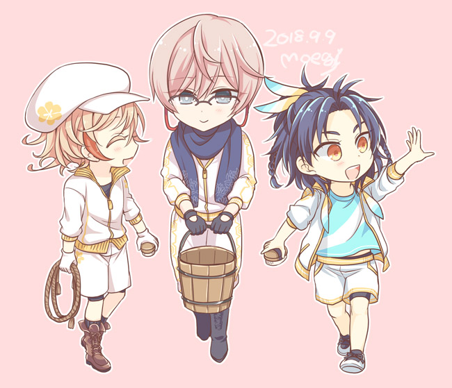 10s 2018 3boys :d artist_name black_gloves blonde_hair blue_eyes blue_hair boots braid bucket dated closed_eyes feather_hair_ornament feathers glasses gloves feather_hair_ornament hat jacket kikkou_sadamune male_focus moegi_(honey_122) monoyoshi_sadamune multiple_boys open_mouth pink_background rope scarf shorts smile taikogane_sadamune touken_ranbu track_jacket walking white_gloves yellow_eyes
