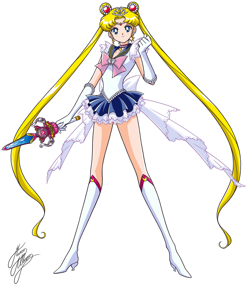 1girl bishoujo_senshi_sailor_moon blonde_hair blue_eyes blue_sailor_collar blue_skirt boots bow brooch choker clenched_hand double_bun earrings elbow_gloves female_focus frills full_body gloves hair_bun heart heart_brooch holding holding_sword holding_weapon jewelry knee_boots long_hair long_legs magical_girl marco_albiero pink_bow pleated_skirt pretty_guardian_sailor_moon princess_sailor_moon princess_sword sailor_collar sailor_moon serious signature skirt solo standing sword tiara tsukino_usagi twintails very_long_hair weapon white_background white_boots white_bow white_gloves
