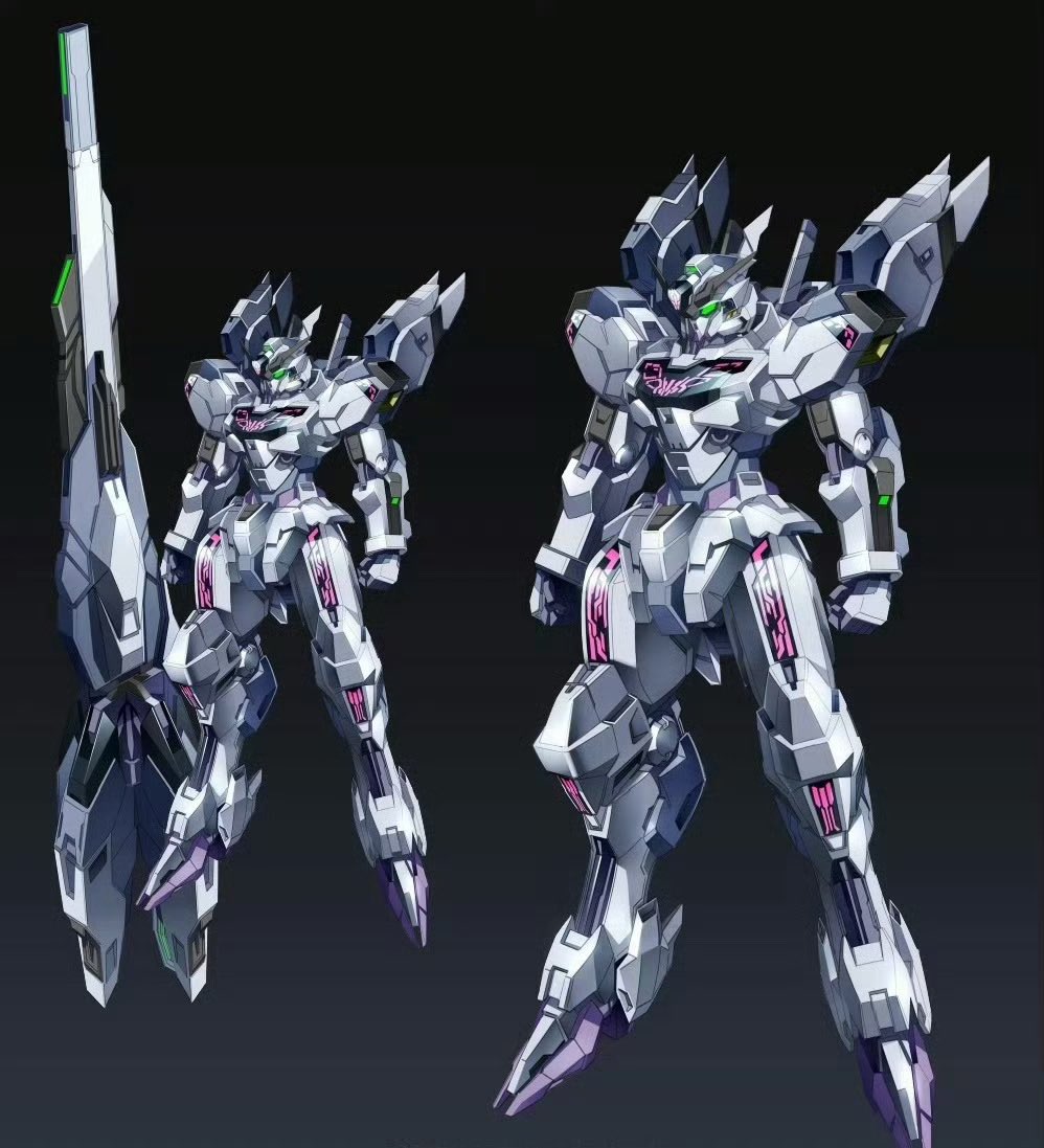 beam_cannon black_background clenched_hands energy_cannon full_body gradient_background green_eyes grey_background gundam gundam_calibarn gundam_suisei_no_majo mecha mobile_suit mosiaz328 multiple_girls no_humans redesign robot science_fiction thrusters v-fin