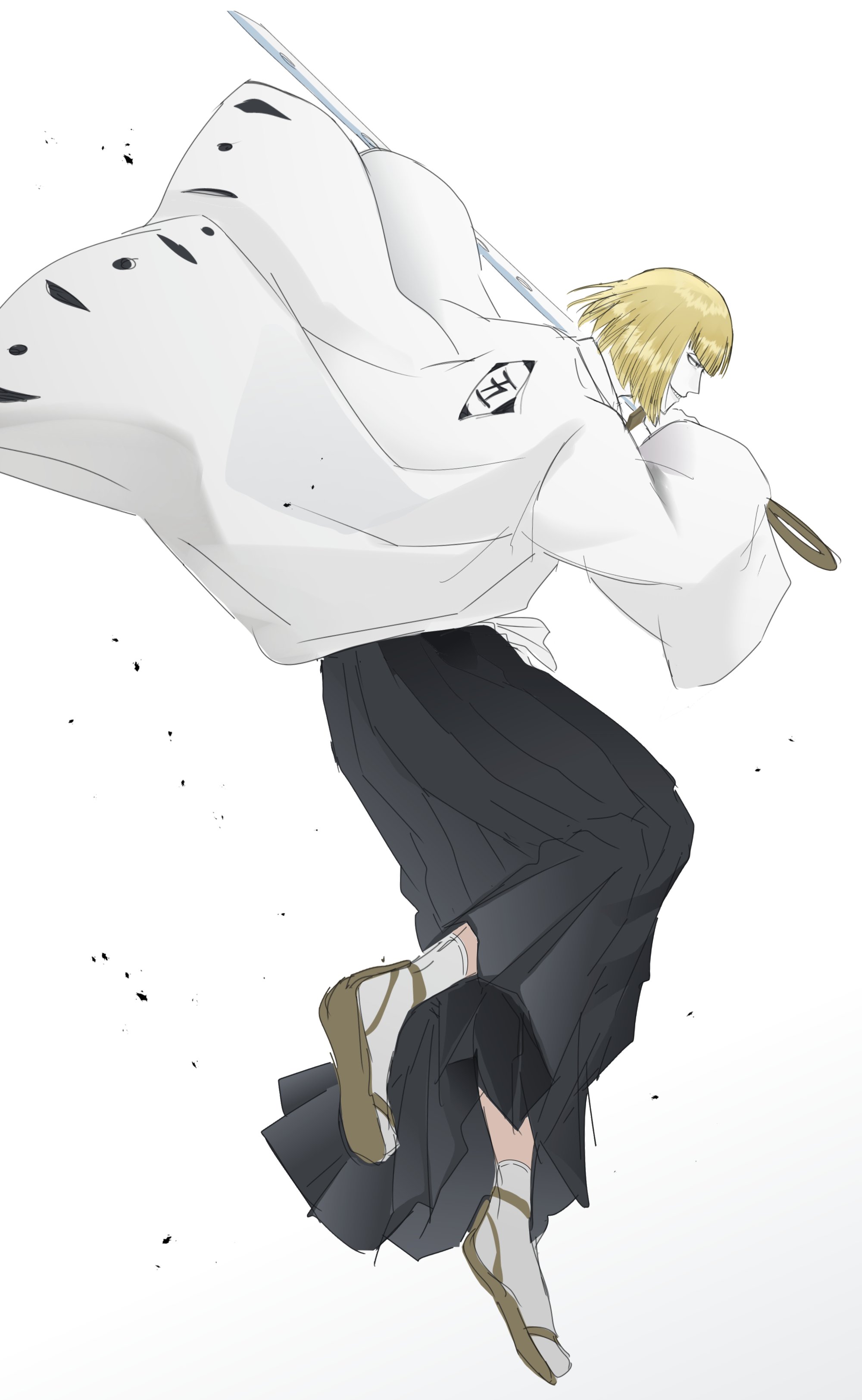 1boy absurdres black_hakama bleach bleach:_sennen_kessen-hen blonde_hair blunt_bangs bob_cut commentary_request fighting_stance floating_clothes from_side full_body grin hakama haori highres hirako_shinji holding holding_sword holding_weapon japanese_clothes korean_commentary kuni_929 long_sleeves looking_ahead male_focus profile sakanade_(shikai) shikai short_hair simple_background sketch smile solo sword tabi taichou_haori teeth weapon white_background wide_sleeves