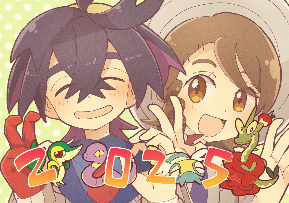 1boy 1girl 2025 :d black_hair blush braid brown_eyes brown_hair closed_eyes colored_inner_hair commentary_request crossed_bangs dunsparce ekans eyelashes gen_1_pokemon gen_2_pokemon gen_5_pokemon gloves hair_between_eyes hands_up hat hydrapple juliana_(pokemon) kabuyou kieran_(pokemon) multicolored_hair necktie nintendo open_mouth pokemon pokemon_sv red_gloves shirt single_glove smile snivy