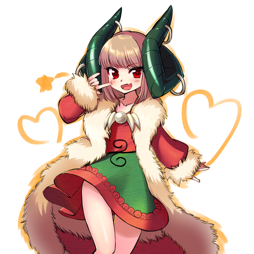 1girl anmita_(rarutos) brown_hair coat curled_horns dress fang flat_chest fur-trimmed_coat fur-trimmed_sleeves fur_trim green_horns heart horn_piercing horns imaginary_toutetsu jewelry looking_at_viewer multicolored_dress necklace open_clothes open_coat open_mouth original red_coat red_eyes short_dress short_hair skin_fang smile solo tooth_necklace touhou toutetsu_yuuma white_background