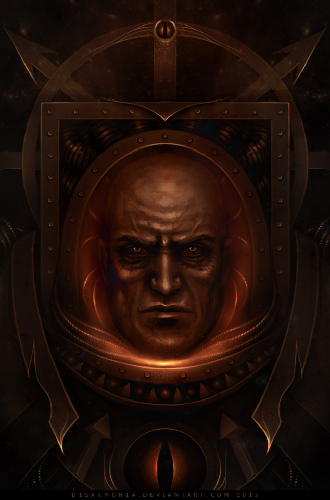 1boy 2015 armor arrow_(symbol) bags_under_eyes bald cable chaos_(warhammer) chaos_undivided_(symbol) deviantart_username eyes_of_horus_(warhammer_40k) horus_lupercal looking_at_viewer male_focus orange_eyes power_armor primarch terminator_armor veins veronica_anrathi warhammer_40k