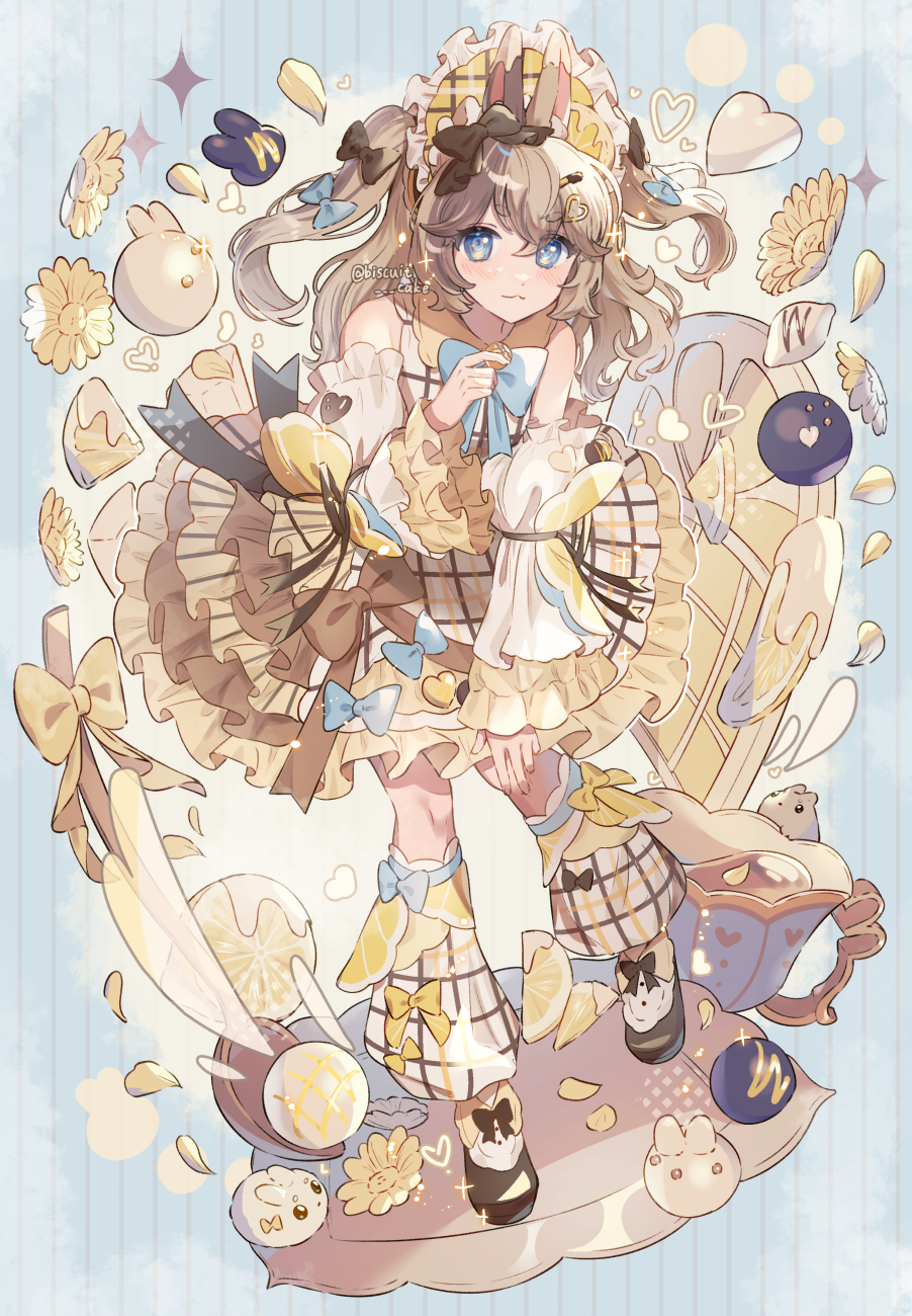 1girl :3 animal_ears artist_name bare_shoulders blue_background blue_bow blue_bowtie blue_eyes bow bowtie brown_hair brown_shoes commentary crossed_bangs cup detached_sleeves dress dress_bow flower food footwear_bow frilled_dress frilled_sleeves frills fruit full_body hair_bow hair_ornament hairclip hand_on_own_knee hand_up headdress heart heart_hair_ornament highres hikimayu layered_dress leaning_forward leg_warmers lemon lemon_slice long_hair looking_at_viewer mismatched_animal_ear_colors multicolored_dress original plaid_clothes plaid_dress plaid_legwear rabbit rabbit_ears shoes signature sleeveless sleeveless_dress solo standing standing_on_one_leg striped_background symbol-only_commentary teacup tsukumi_bis two_side_up yellow_flower yellow_headwear