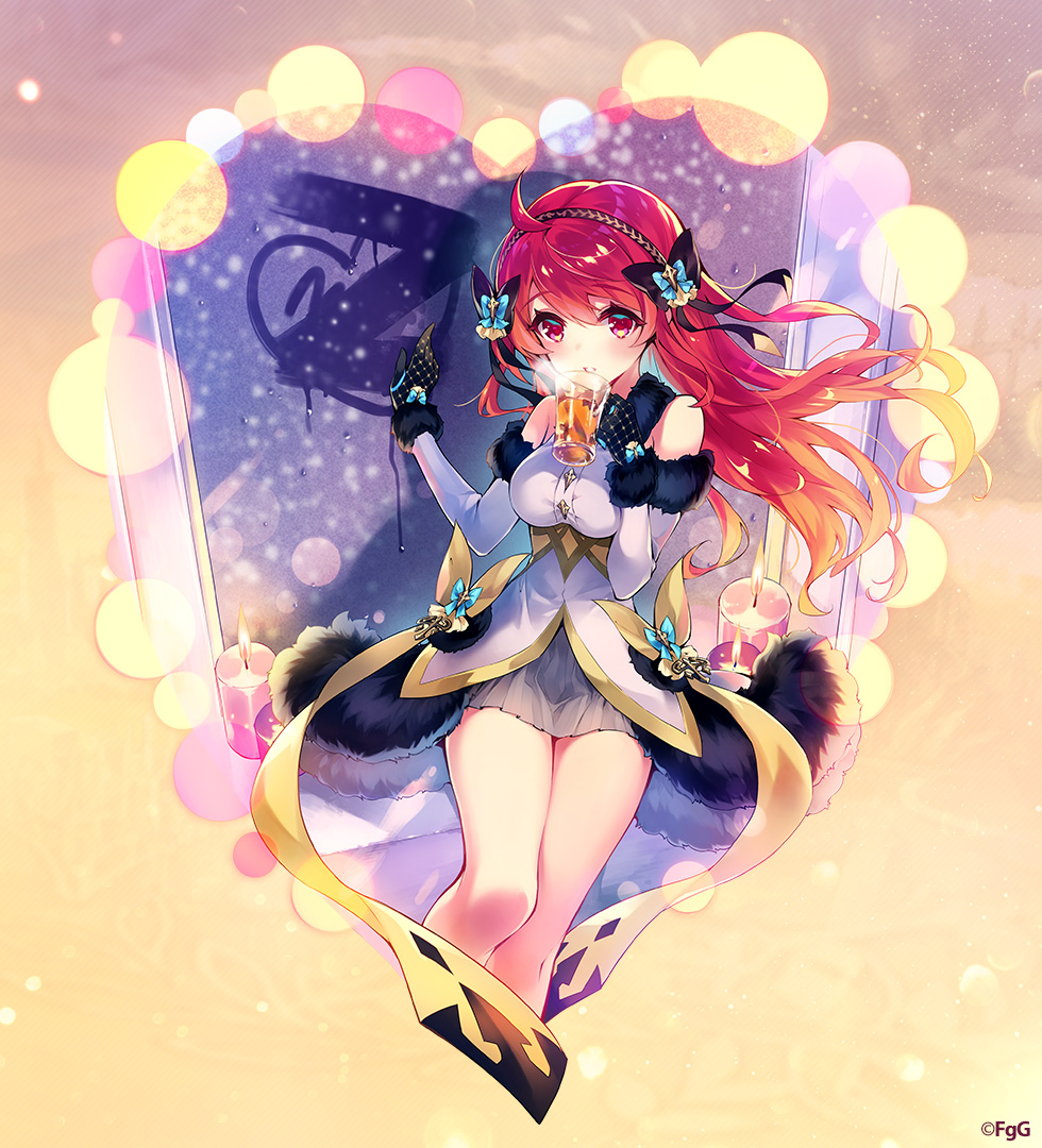 1girl ahoge black_gloves brown_hairband candle commentary_request cup dress drinking drinking_glass floating_hair g-row gloves grey_dress grey_skirt hair_between_eyes hairband hercule_(phantom_of_the_kill) holding holding_cup looking_at_viewer miniskirt official_alternate_costume official_art open_mouth phantom_of_the_kill pleated_skirt red_eyes red_hair second-party_source sitting skirt solo windowsill