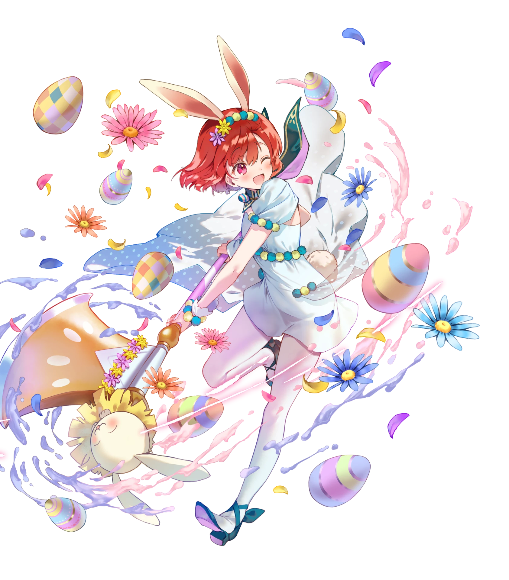 1girl ;d animal_ears artist_request axe blue_dress blue_shoes blush dress fake_animal_ears fire_emblem fire_emblem:_mystery_of_the_emblem fire_emblem_heroes full_body hair_between_eyes highres holding holding_axe holding_weapon maria_(fire_emblem) maria_(spring)_(fire_emblem) nintendo non-web_source one_eye_closed open_mouth pantyhose puffy_short_sleeves puffy_sleeves rabbit_ears red_eyes red_hair shoes short_hair short_sleeves smile solo transparent_background weapon white_pantyhose