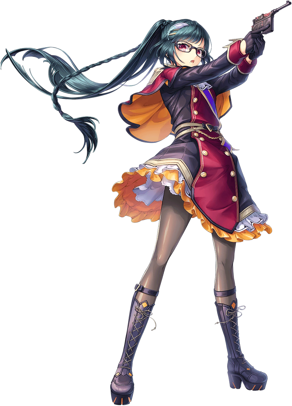 1girl ariel_(unitia) artist_request belt boots braid breasts buttons capelet feather_hair_ornament feathers full_body game_cg glasses green_hair gun hair_ornament high_heel_boots high_heels highres holding holding_gun holding_weapon long_hair long_sleeves military_uniform official_alternate_costume official_art pantyhose pink_eyes solo source_request transparent_background unitia weapon