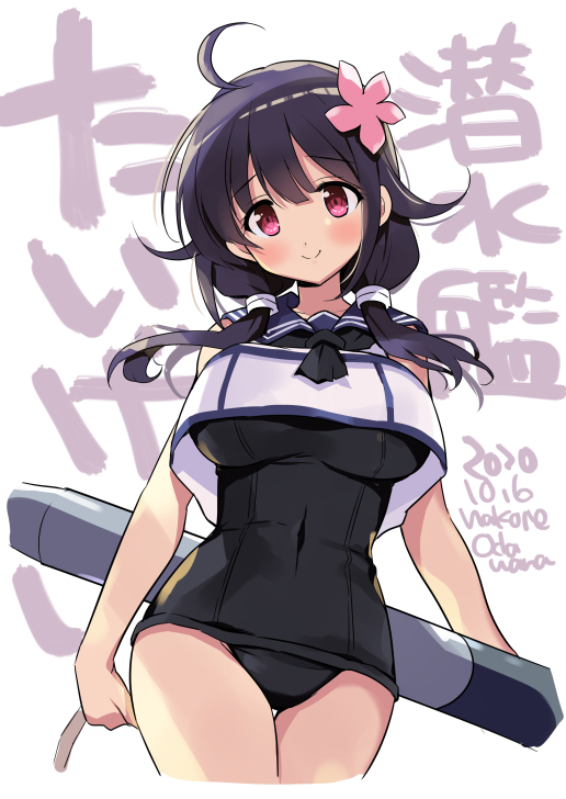 1girl ahoge black_sailor_collar black_one-piece_swimsuit blush breasts collarbone cosplay cropped_legs dated flower hair_between_eyes hair_flaps hair_flower hair_ornament kantai_collection large_breasts long_hair odawara_hakone one-piece_swimsuit pink_flower purple_hair red_eyes ro-500_(kancolle) ro-500_(kancolle)_(cosplay) sailor_collar sailor_shirt school_swimsuit shirt simple_background sleeveless sleeveless_shirt smile solo swimsuit swimsuit_under_clothes taigei_(jmsdf) taigei_(kancolle) torpedo twitter_username white_background white_shirt