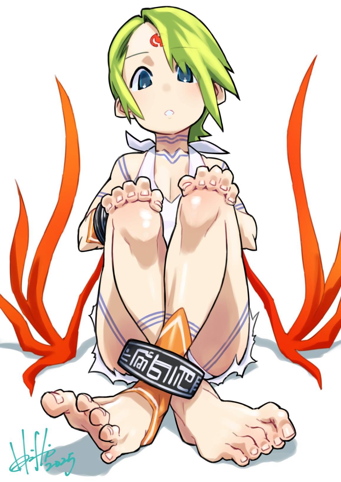 1girl barefoot blue_eyes bracelet breath_of_fire breath_of_fire_v dress facial_mark full-body_tattoo full_body green_hair highres hori_shin jewelry looking_at_viewer nina_(breath_of_fire_v) panties panty_peek red_wings short_hair signature simple_background skirt solo tattoo underwear upskirt white_background white_dress white_panties wings