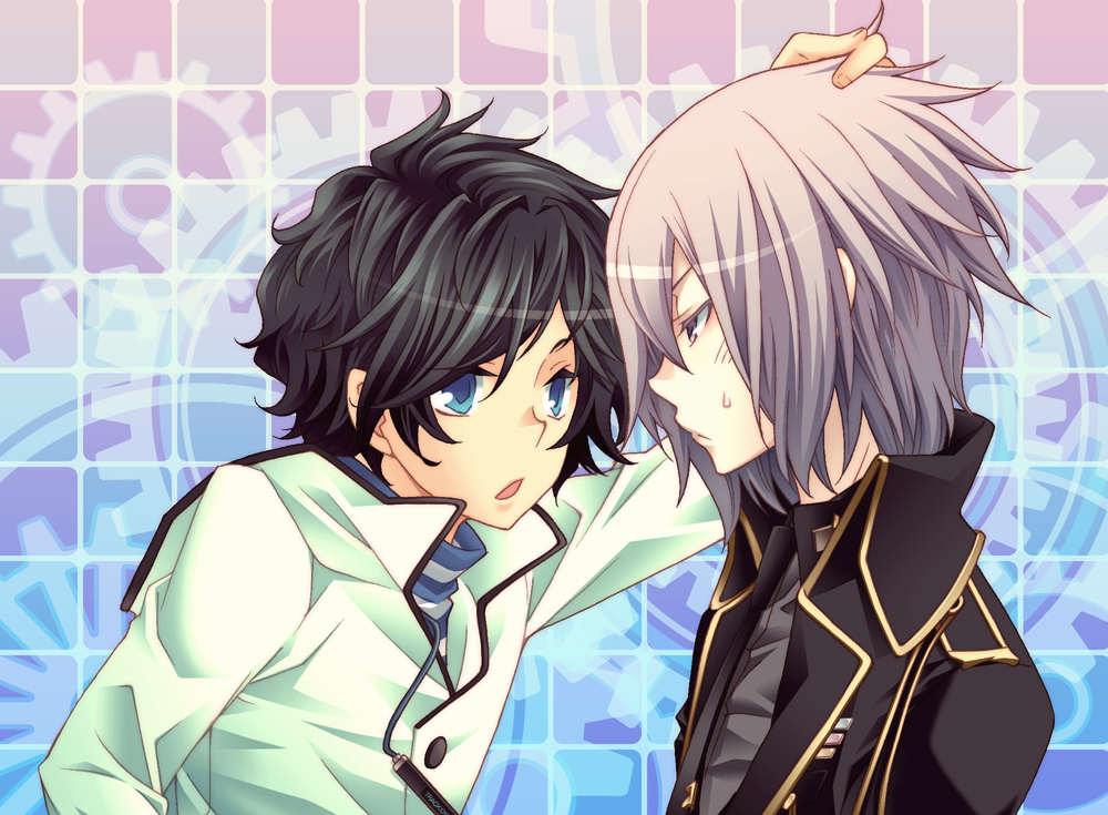 10s 2boys black_hair blue_eyes devil_survivor_(series) devil_survivor_2 grey_eyes hand_on_another&#039;s_head houtsuin_yamato kokutou_eiri kuze_hibiki male_focus multiple_boys open_mouth protagonist_(devil_survivor_2) shin_megami_tensei silver_hair sweatdrop