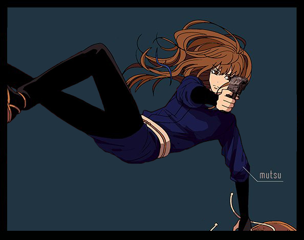 1girl brown_hair female_focus gintama gun long_hair mutsu_(gintama) sandogasa solo weapon