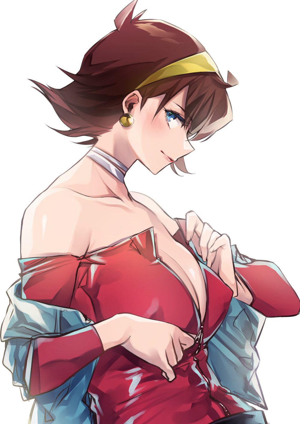 1girl bare_shoulders blue_eyes blush breasts brown_hair choker cleavage collarbone earrings female_focus g_gundam gundam highres jacket jewelry large_breasts lipstick looking_at_viewer looking_to_the_side makeup medium_hair rain_mikamura simple_background unzipping white_background yukibuster_z